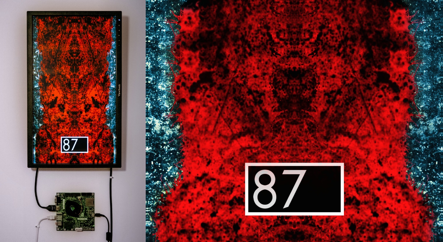 A double panel image, with a photograph of a wall-mounted screen with a blood red visualization (left) and a close-up screenshot of the visualization (right). The visualization is a stylized flat graphic with dynamic splotches of red and black color travelling vertically through a stone-like artery. The screens both also show the same number '87' as an overlay to the visualization.